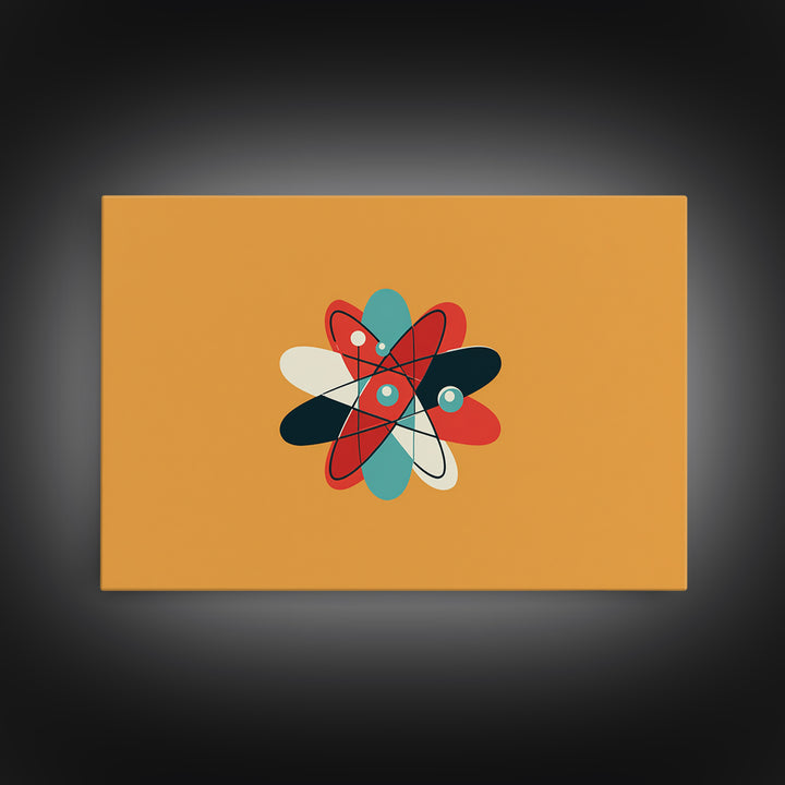 Flat Atomic Flower On Mustard Wall Art, Midcentury Modern Art, Geometric Poster, Retro Wall Decor For Kids Room And Nursery