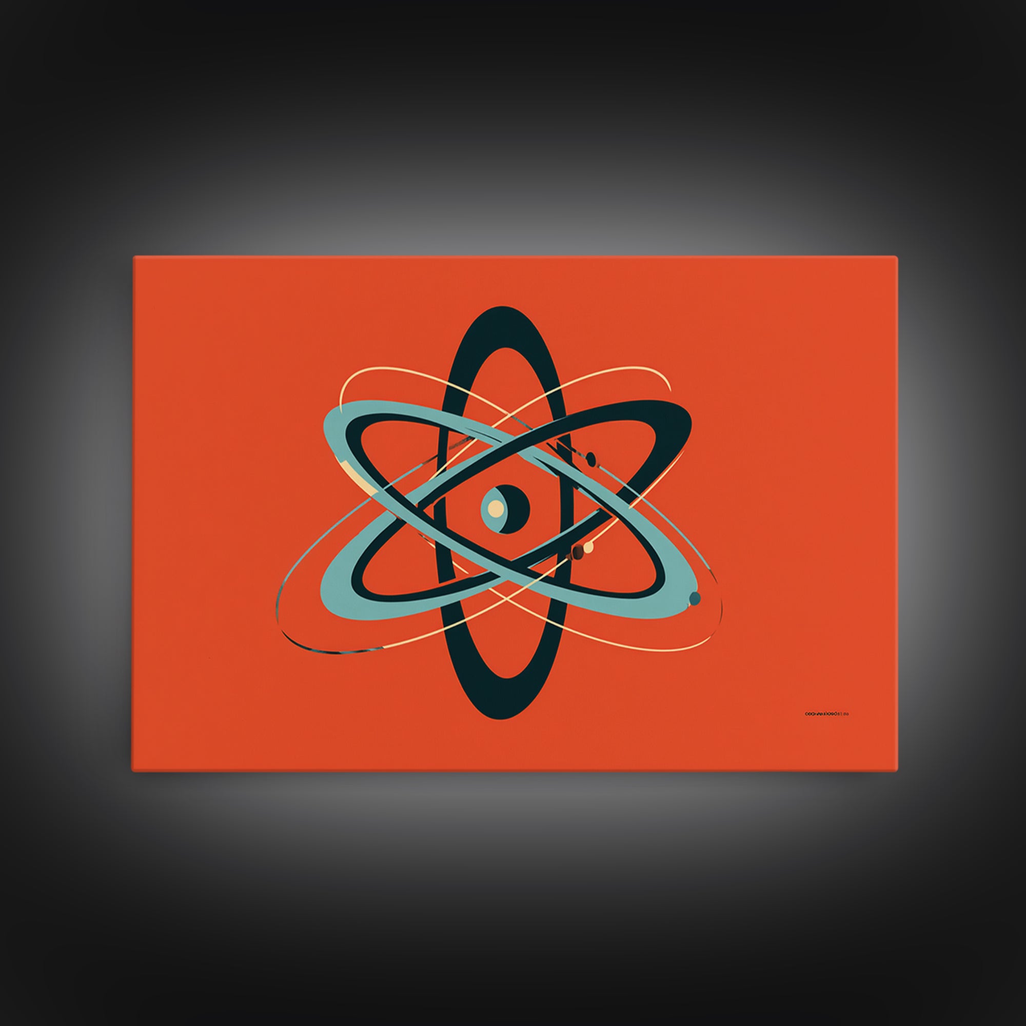 Teal Black Atomic Orbit On Orange Framed Canvas Print, Retro Modern Poster, Midcentury Wall Art, Bold MCM Wall Decor Art