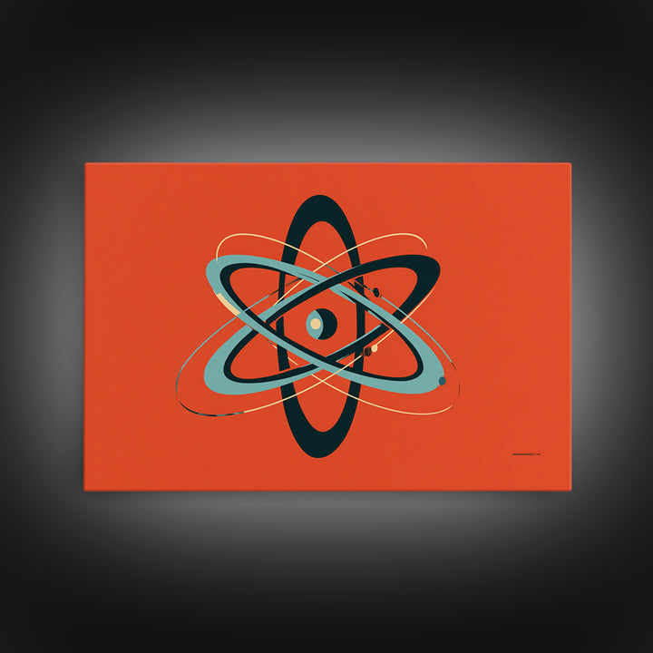 Teal Black Atomic Orbit On Orange Framed Canvas Print, Retro Modern Poster, Midcentury Wall Art, Bold MCM Wall Decor Art