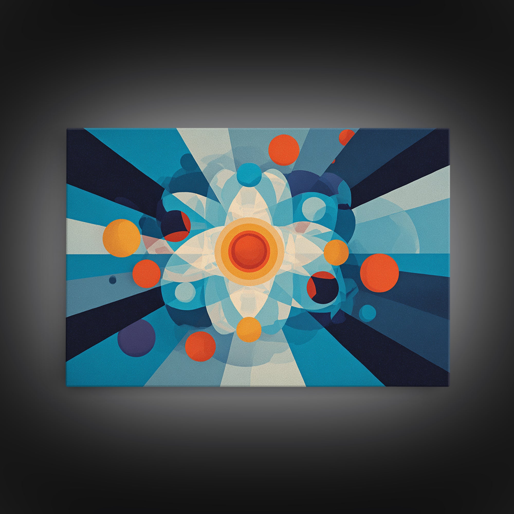 Geometric Atomic Burst With Circles Wall Art, Midcentury Modern Art, Blue Orange Abstract Poster, Statement Wall Decor Art