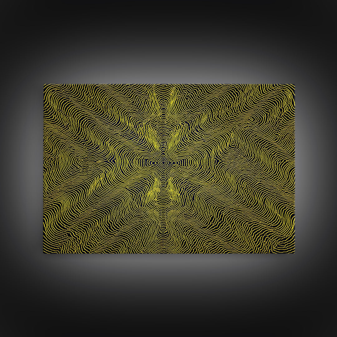 Yellow Topographic Line Optical Wall Art, Modern Abstract Op Art Print, Black Geometric Decor, Trippy Minimal Poster For Living Room