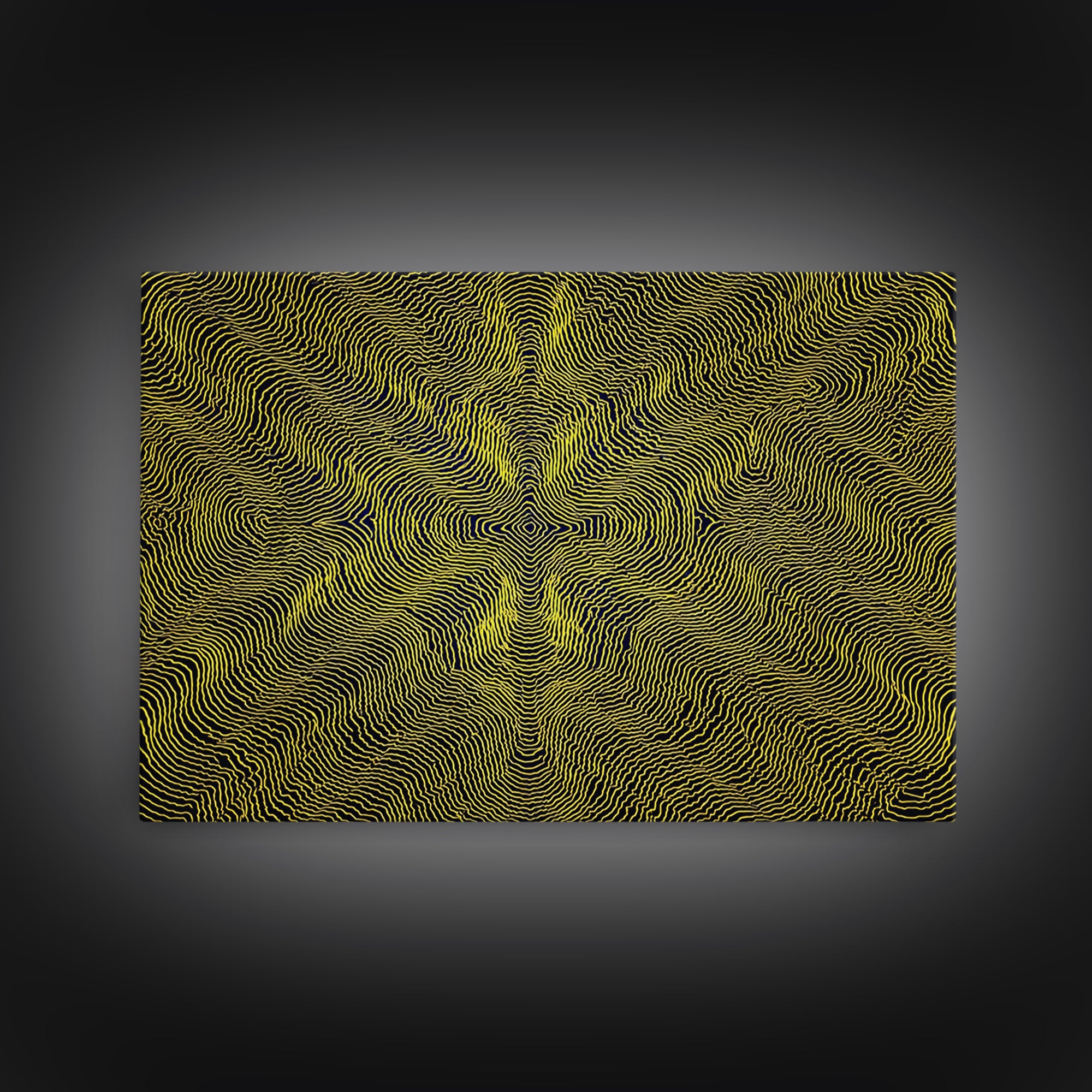 Yellow Topographic Line Optical Wall Art, Modern Abstract Op Art Print, Black Geometric Decor, Trippy Minimal Poster For Living Room