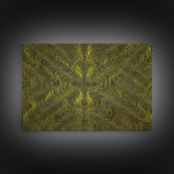 Yellow Topographic Line Optical Wall Art, Modern Abstract Op Art Print, Black Geometric Decor, Trippy Minimal Poster For Living Room