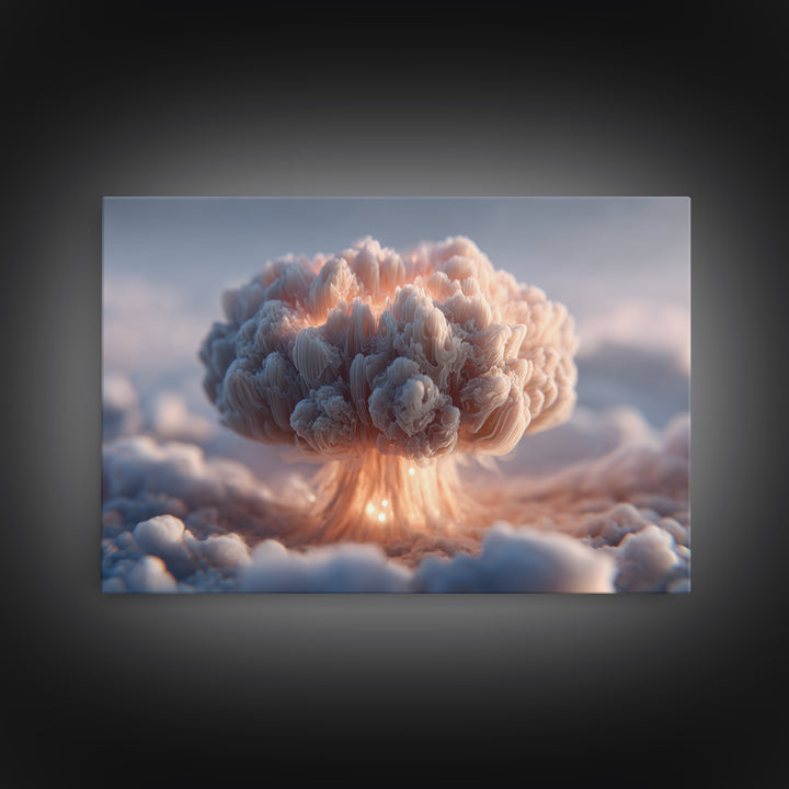 Dreamy Peach Mushroom Cloud Framed Canvas Print, Modern Abstract Art, Surreal Cloudscape, Soft Pastel Bedroom Decor, Gallery Wall Art