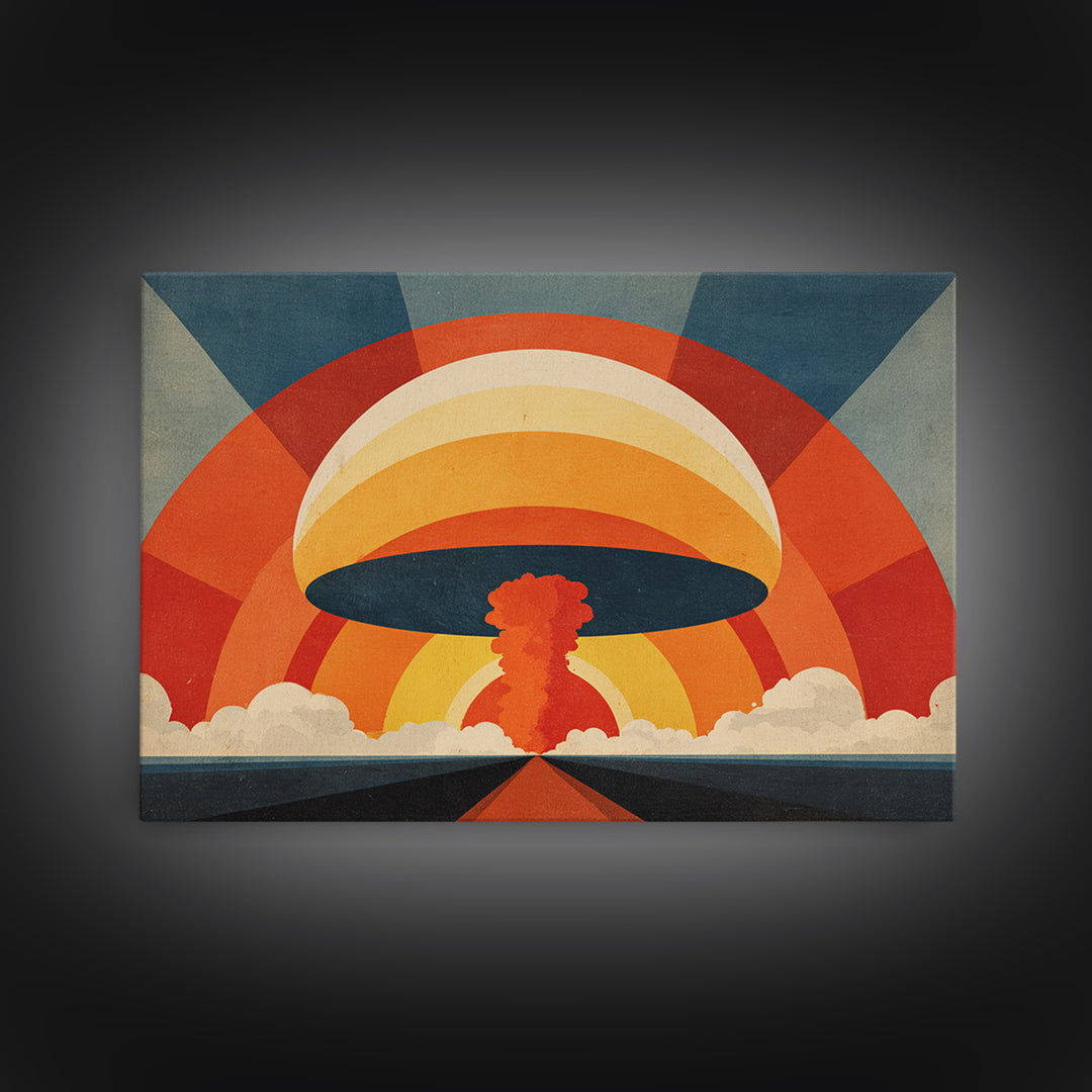 Retro UFO Mushroom Cloud Canvas Print, Midcentury Sun Poster, Atomic MCM Wall Decor, Orange Geometric Modern Art, Sci Fi Wall Art