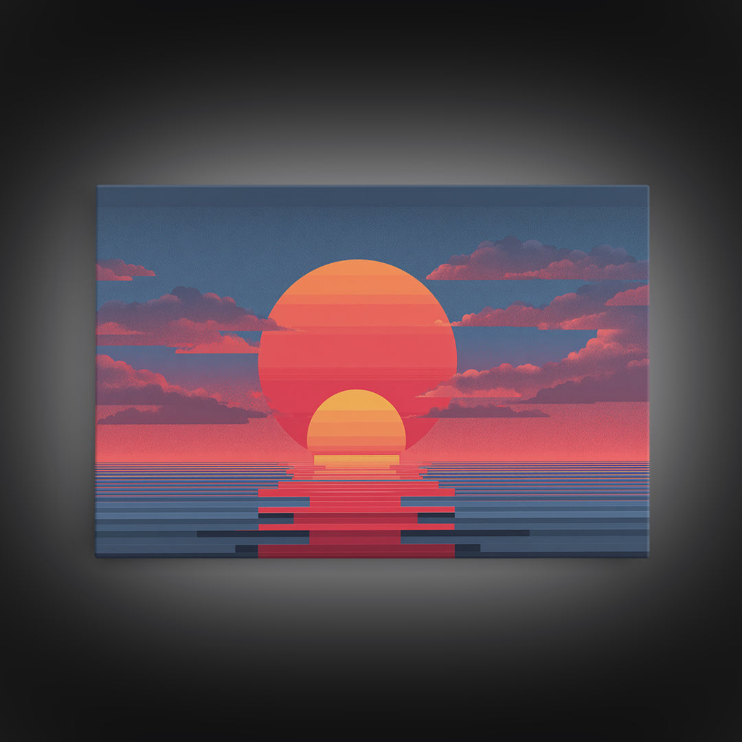 Retro Double Sun Ocean Wall Art, Midcentury Modern Art Print, Vaporwave Sunset Poster, Pink Blue Living Room Decor, Digital Art Print