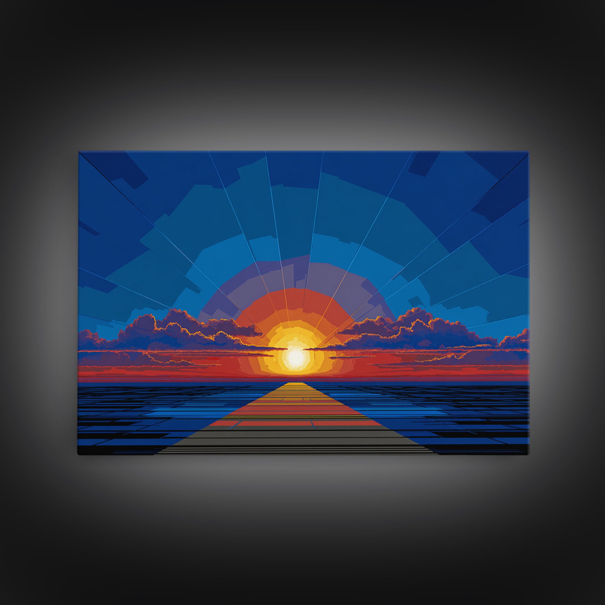 Bold Blue Sunset Pier Canvas Print, Retro Modern Wall Art, Midcentury Ocean Poster, Graphic Living Room Wall Decor, Large Art Print