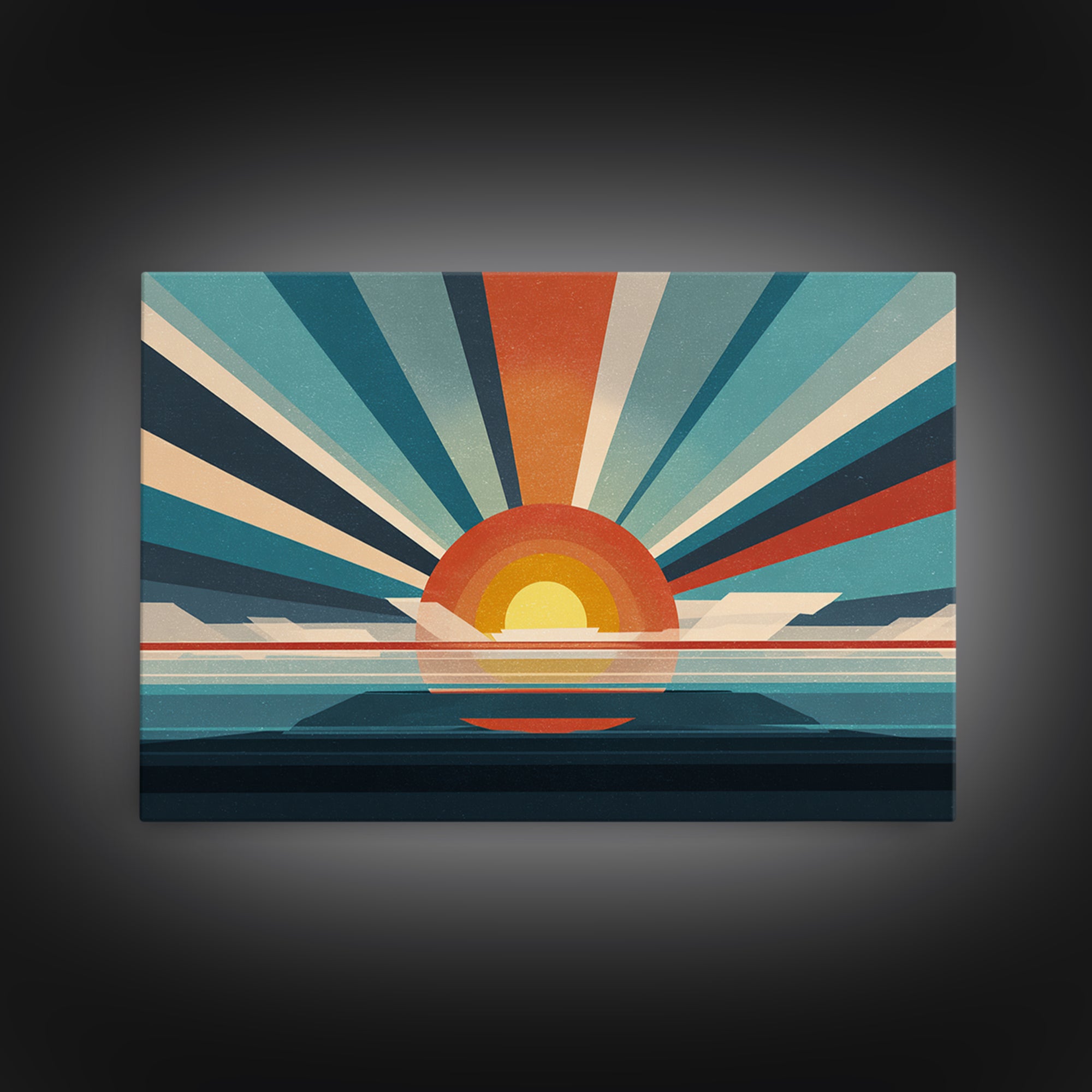 Retro Radial Sunrise Ocean Framed Canvas Print, Midcentury Modern Wall Art, Teal Orange Poster, Atomic MCM Decor, Living Room Art