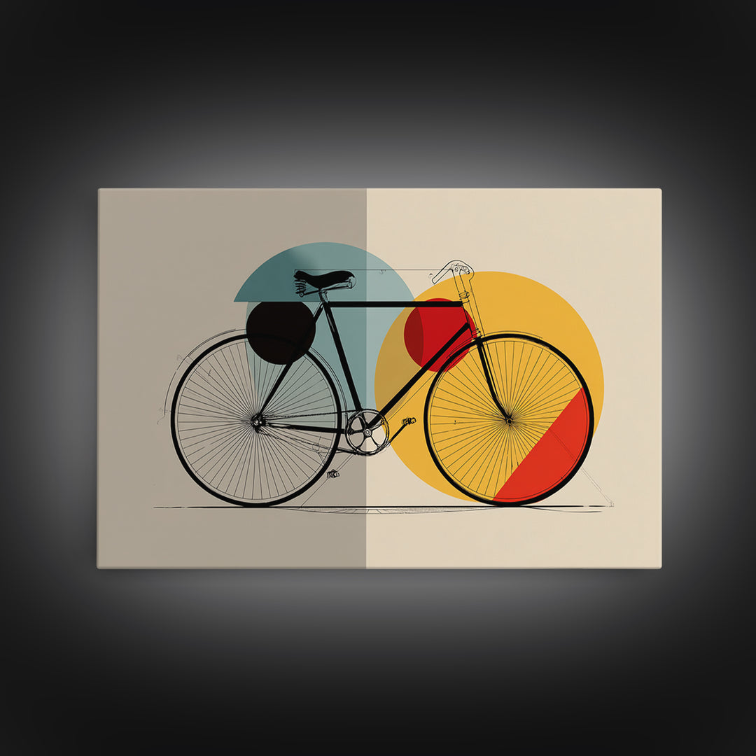 Minimalist Bicycle Framed Canvas Print, Midcentury Modern Wall Art, Orange Yellow Circle Decor, Geometric Bike Poster Gift