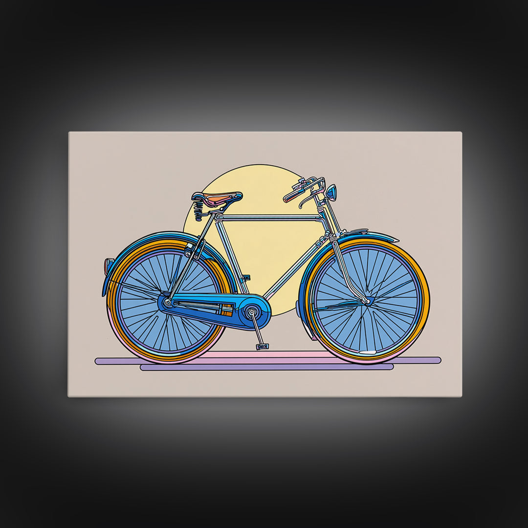 Blue Cruiser Bicycle Canvas Print, Midcentury Modern Wall Art, Retro Bike Poster, Yellow Sun Decor For Home Office Decor Gift