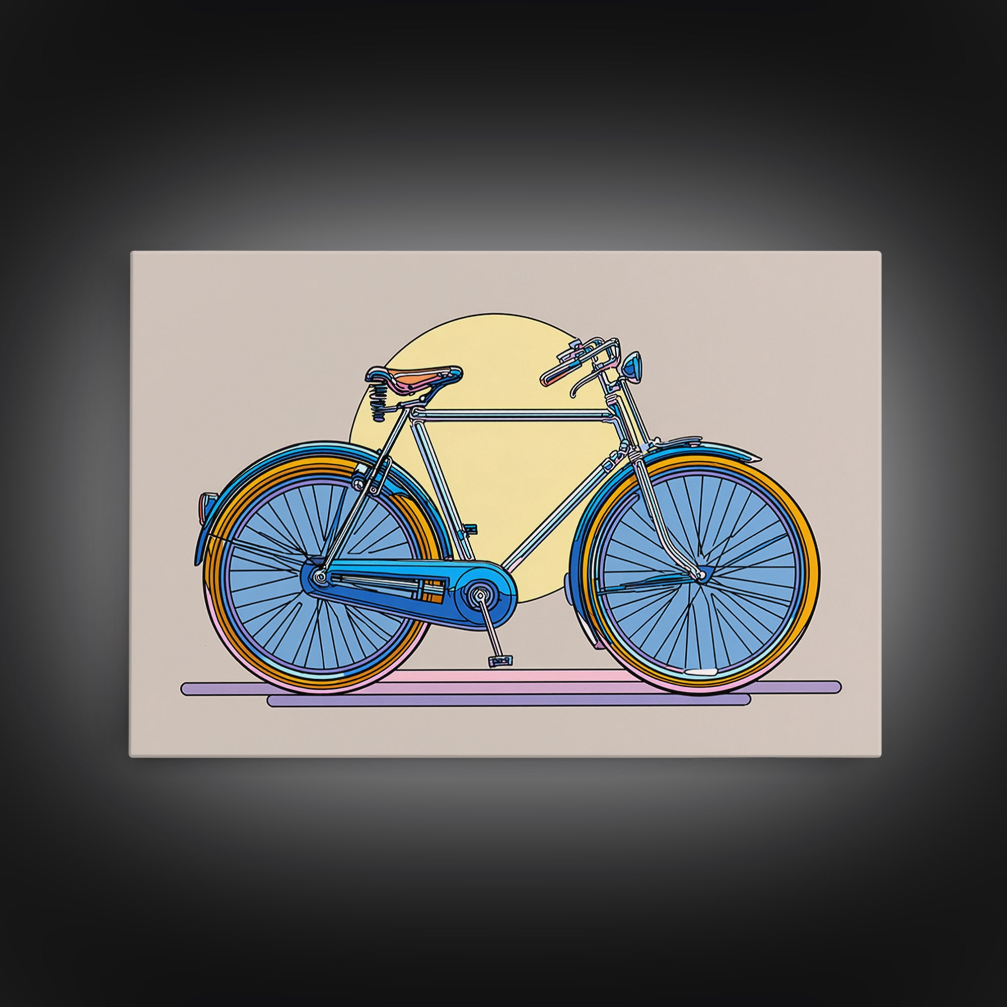 Blue Cruiser Bicycle Canvas Print, Midcentury Modern Wall Art, Retro Bike Poster, Yellow Sun Decor For Home Office Decor Gift