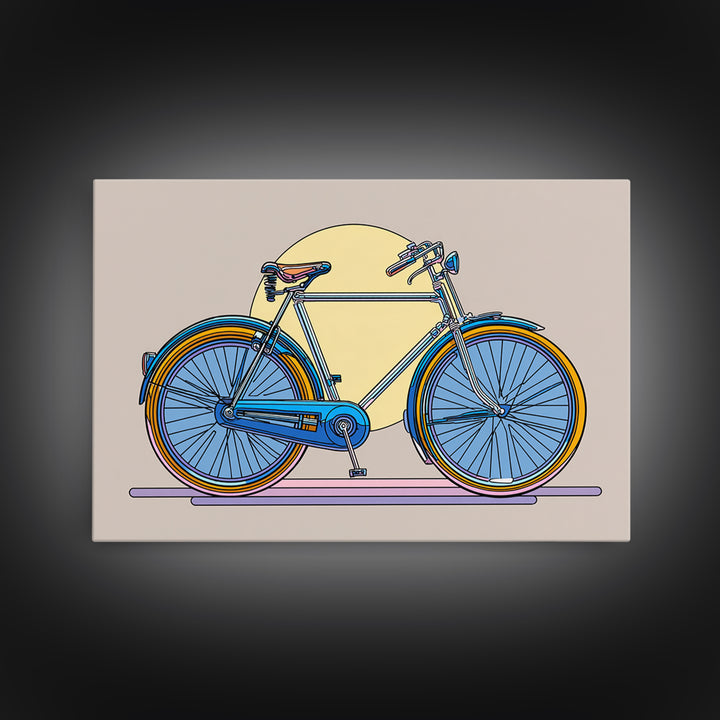 Blue Cruiser Bicycle Canvas Print, Midcentury Modern Wall Art, Retro Bike Poster, Yellow Sun Decor For Home Office Decor Gift