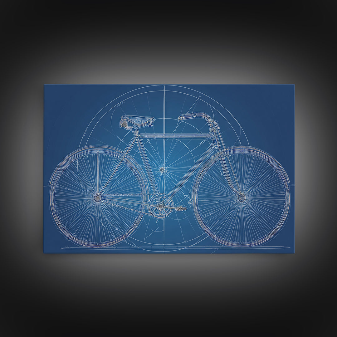 Blueprint Bicycle Wall Art, Technical Line Drawing, Midcentury Modern Bike Poster, Blue Geometric Office Decor Print Gift