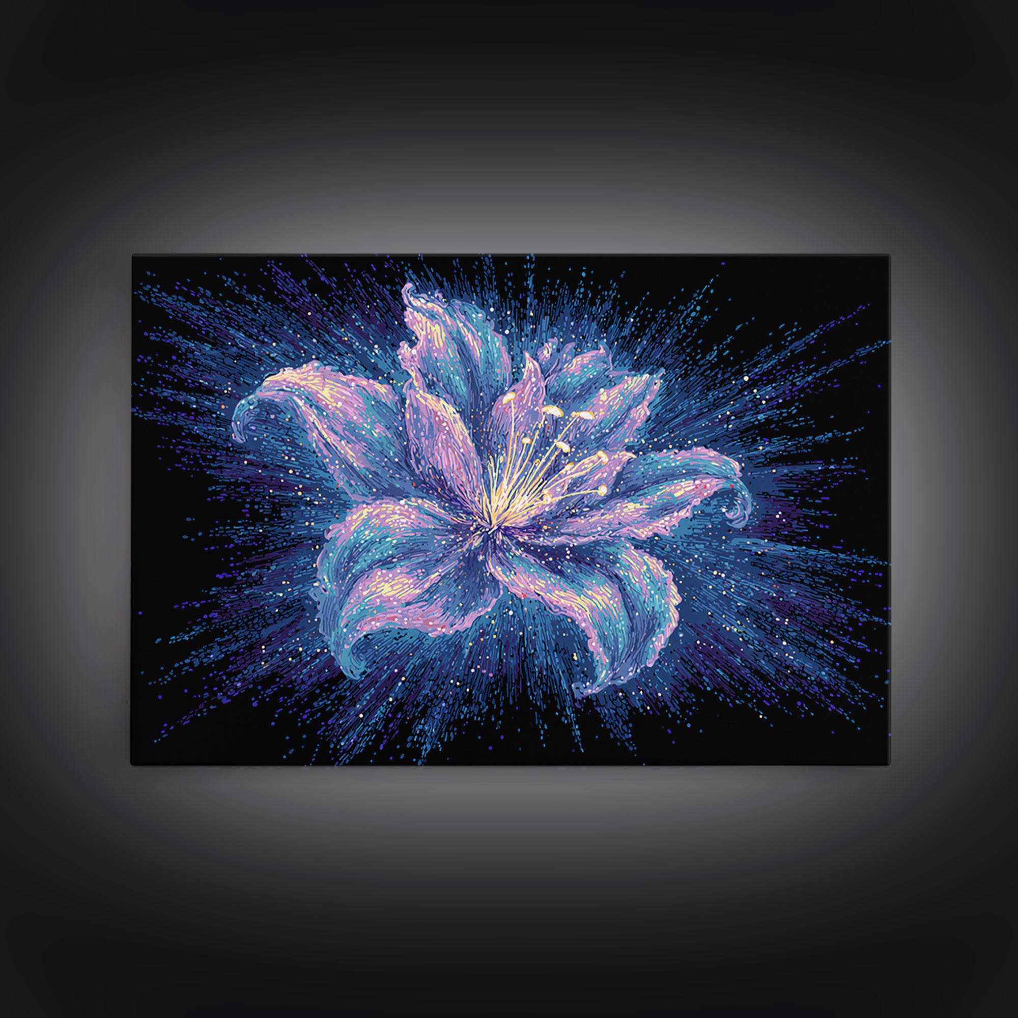 Electric Purple Lily Canvas Print, Glowing Botanical Flower, Cosmic Floral Wall Decor, Modern Abstract Art For Bedroom Decor