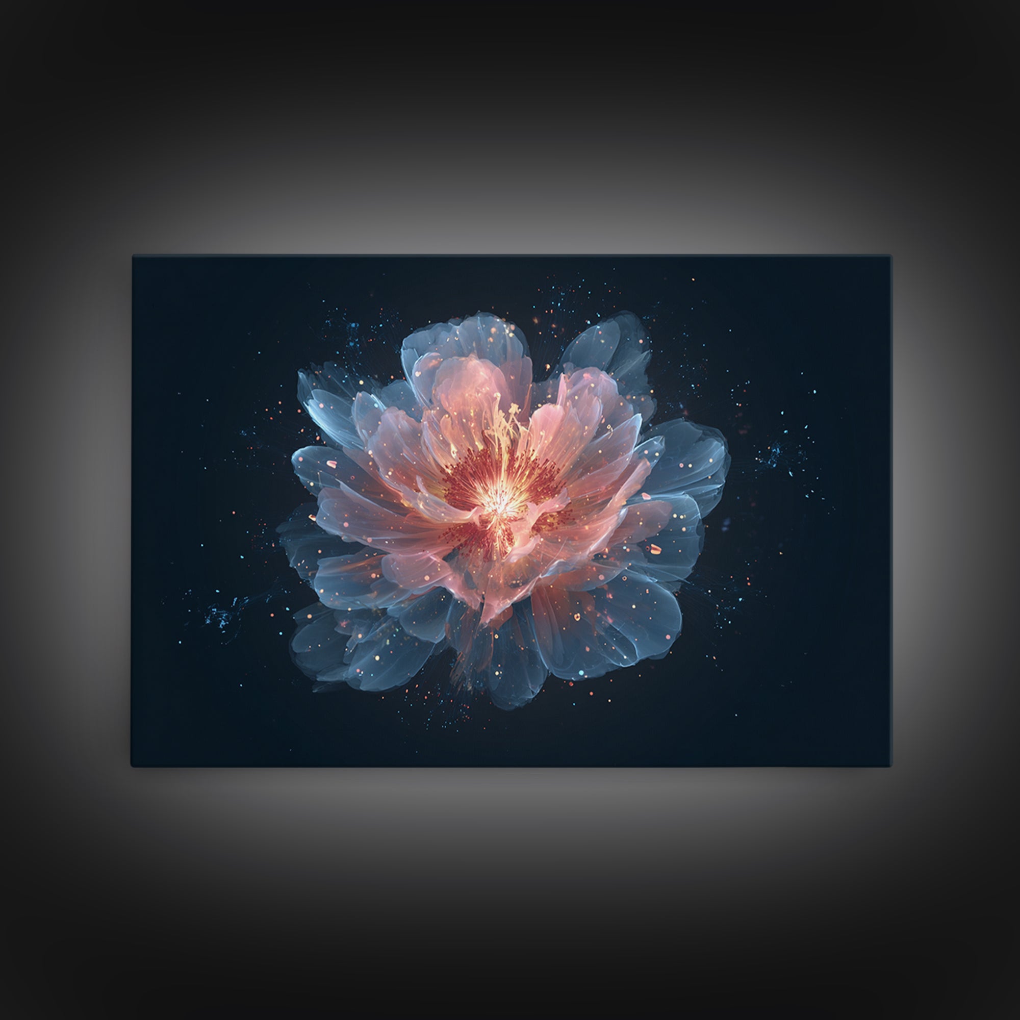 Luminous Peach Blue Blossom Framed Canvas Print, Ethereal Flower Wall Art, Modern Botanical Decor, Romantic Bedroom Art Print
