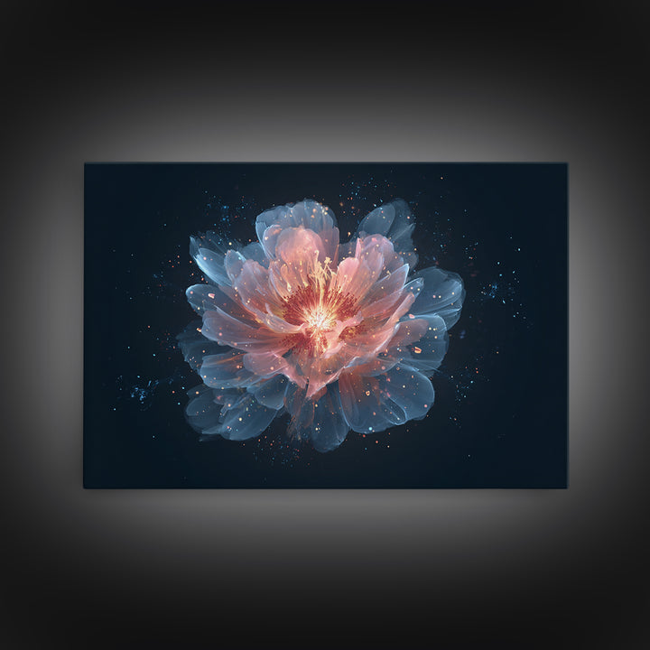 Luminous Peach Blue Blossom Framed Canvas Print, Ethereal Flower Wall Art, Modern Botanical Decor, Romantic Bedroom Art Print