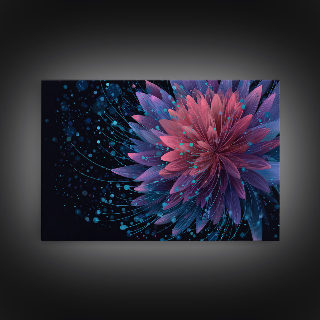 Magenta Purple Dahlia Wall Art, Electric Floral Abstract, Blue Splatter Botanical Poster, Modern Home Decor Canvas Print
