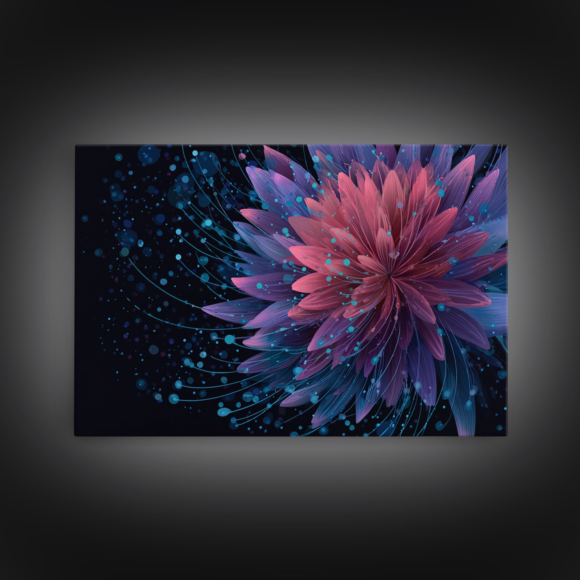 Magenta Purple Dahlia Wall Art, Electric Floral Abstract, Blue Splatter Botanical Poster, Modern Home Decor Canvas Print