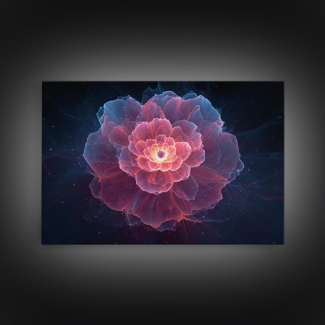Glowing Pink Peony Canvas Print, Luminous Blue Floral Mandala, Modern Abstract Botanical Wall Art, Romantic Bedroom Decor