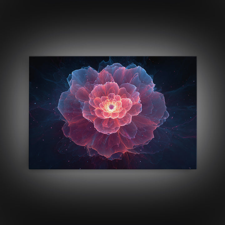 Glowing Pink Peony Canvas Print, Luminous Blue Floral Mandala, Modern Abstract Botanical Wall Art, Romantic Bedroom Decor