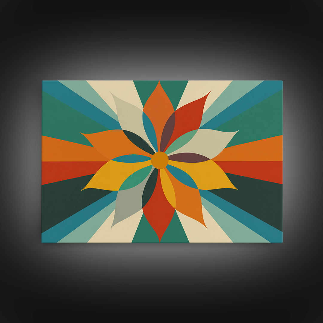 Geometric Orange Teal Flower Wall Art, Mid Century Modern Sunburst, Retro Atomic Floral Poster, Bold MCM Canvas Print Decor