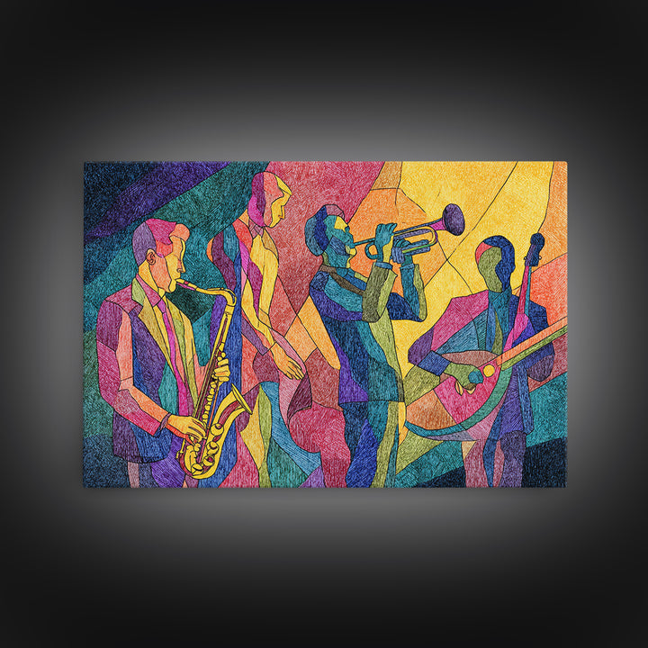 Colorful Cubist Jazz Band With Saxophone And Trumpet Wall Art, Midcentury Modern Art Print, Vibrant Music Room Decor, Poster