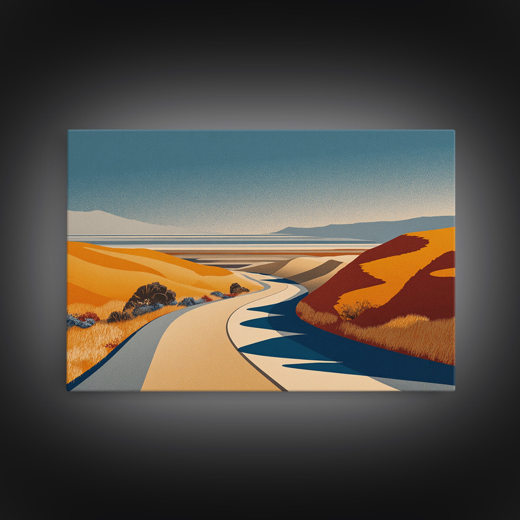 Golden Coastal Road And Orange Hills Wall Art, Midcentury Modern Desert Landscape, Retro Travel Poster, Scenic Home Decor