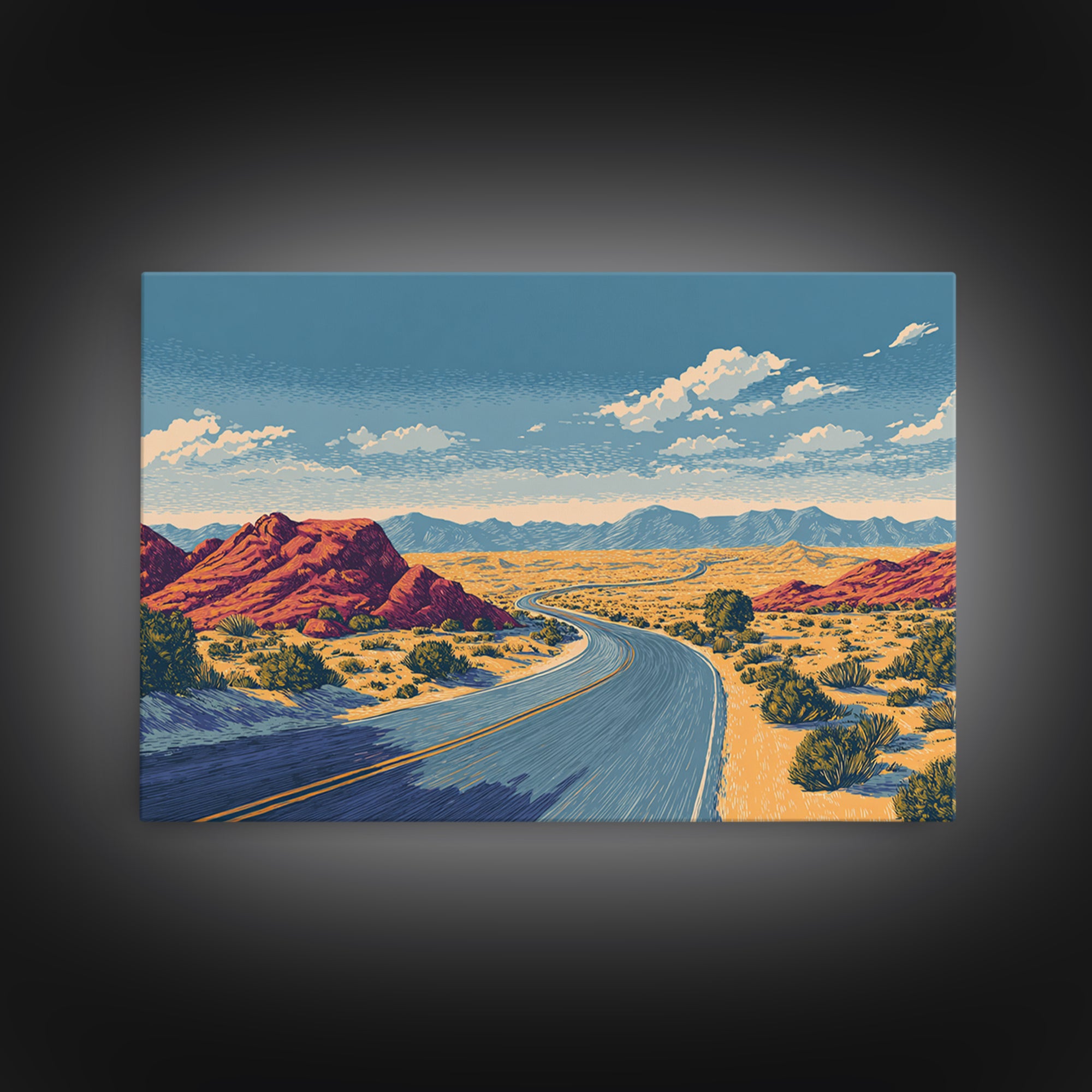 Red Rock Desert Highway Canvas Print, Midcentury Modern Art, Retro Travel Poster, Southwestern Decor, Scenic Wall Decor Gift