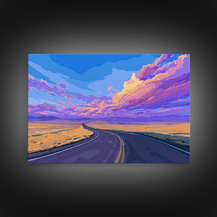Purple Sunset Open Road Wall Art, Colorful Desert Landscape, Modern Art Print, Retro Poster, Living Room Home Office Decor