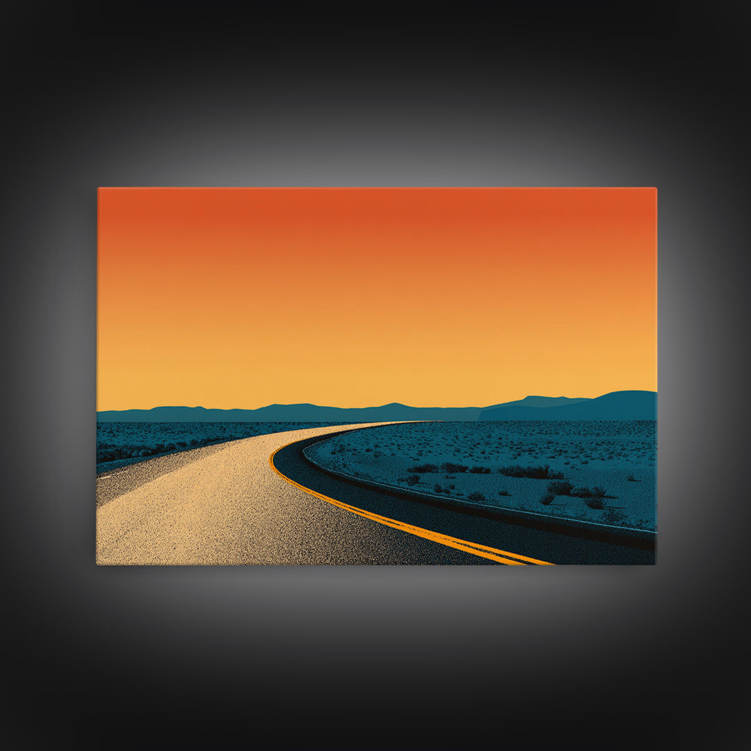 Minimal Desert Road At Orange Dusk Canvas Print, Midcentury Modern Wall Art, Retro Poster, Southwest Home Office Decor Gift