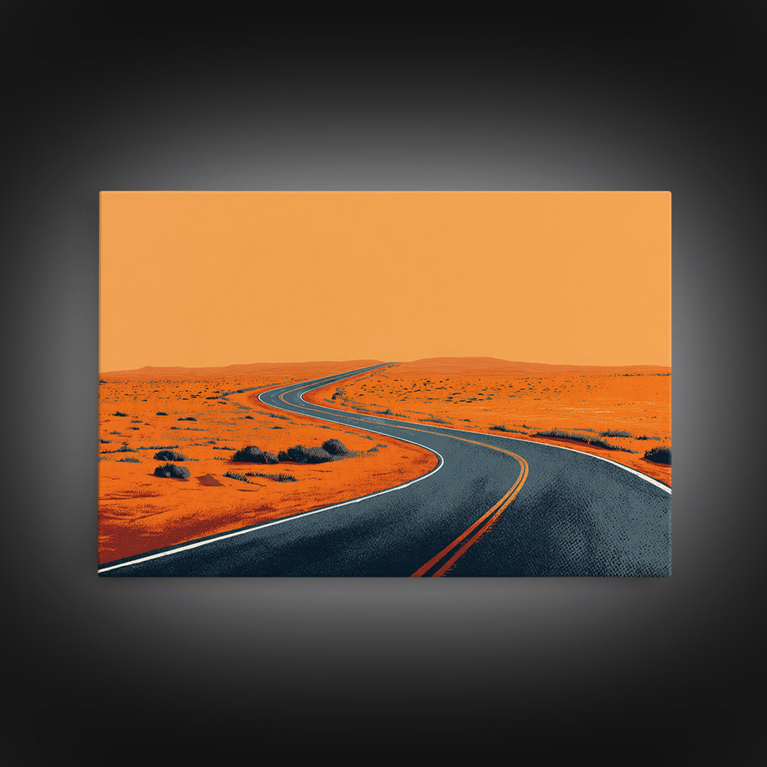 Orange Desert Highway Curve Wall Art, Minimalist Landscape, Midcentury Modern Art Print, Retro Road Poster, Mid Century Decor Gift