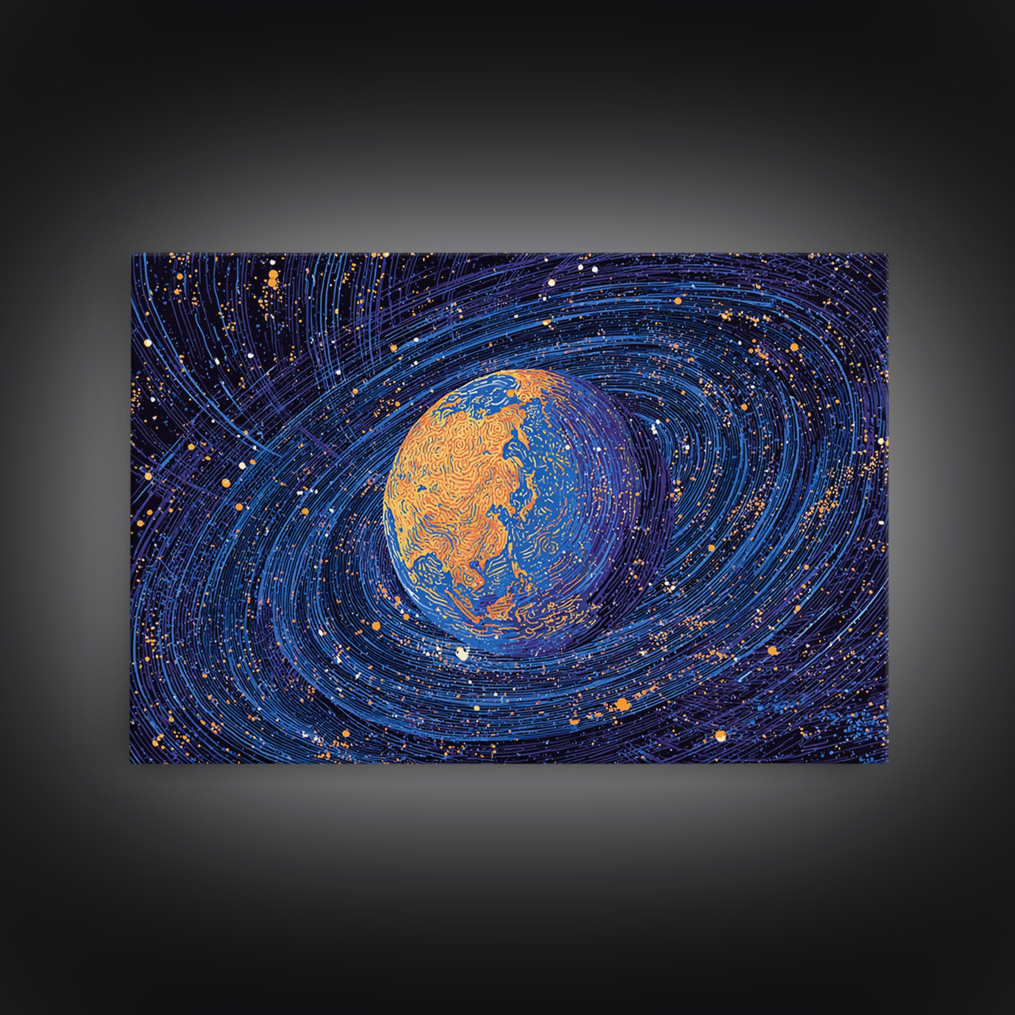 Swirling Blue Orange Planet Wall Art, Cosmic Abstract Space Poster, Modern Digital Art Print, Galaxy Decor, Science Gift
