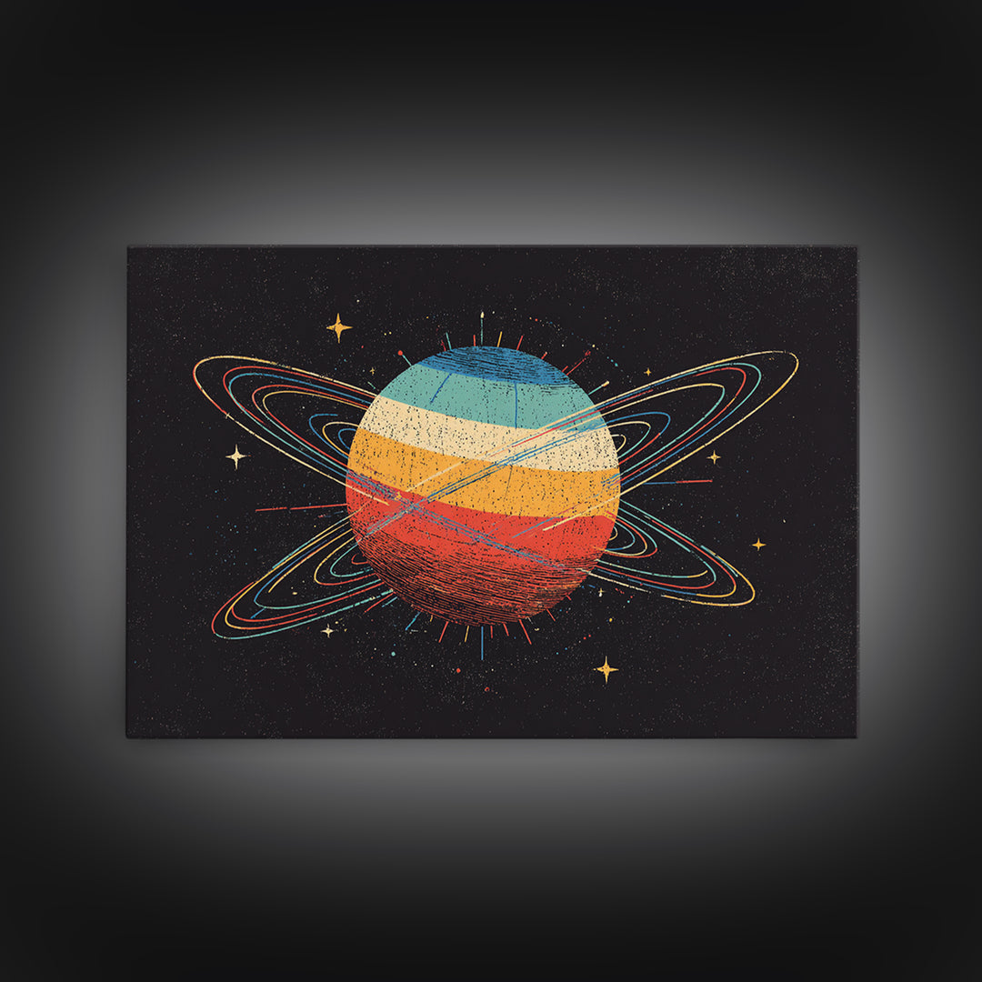 Retro Ringed Planet Canvas Print, Saturn Inspired Space Abstract Art, Midcentury Modern Wall Home Decor, Cosmic Poster Gift