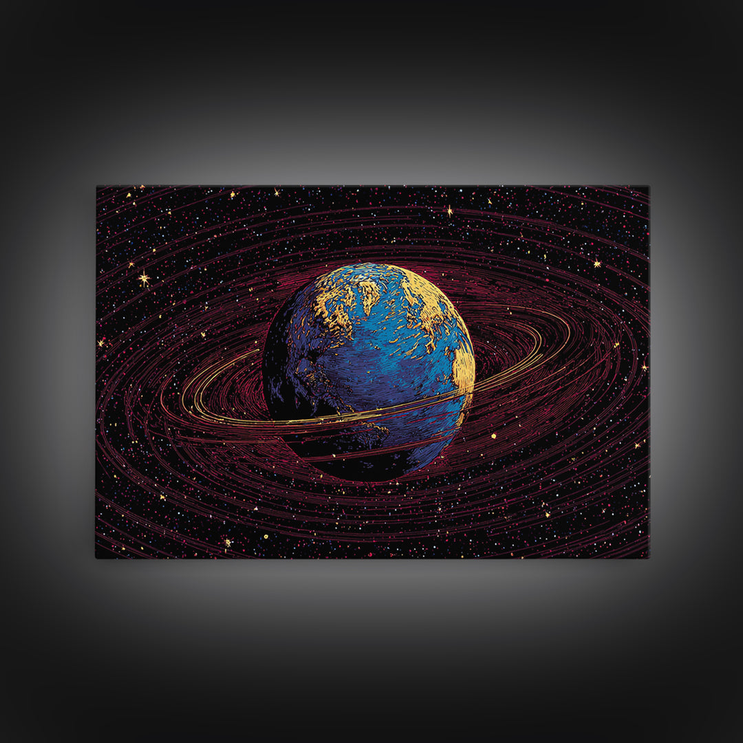 Blue Earth With Golden Rings Wall Art, Cosmic Abstract Space Poster, Modern Digital Art Print, Galaxy Home Office Decor Gift