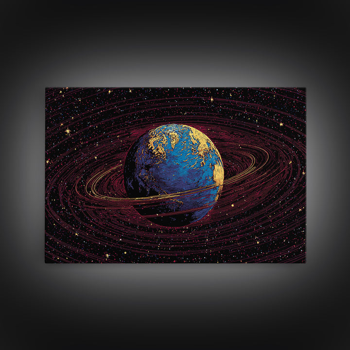 Blue Earth With Golden Rings Wall Art, Cosmic Abstract Space Poster, Modern Digital Art Print, Galaxy Home Office Decor Gift
