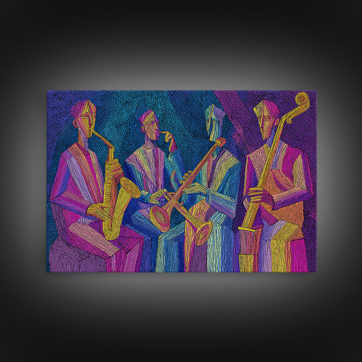 Neon Jazz Quartet With Saxophones And Upright Bass Canvas Print, Midcentury Modern Art, Colorful Retro Music Room Decor, Poster