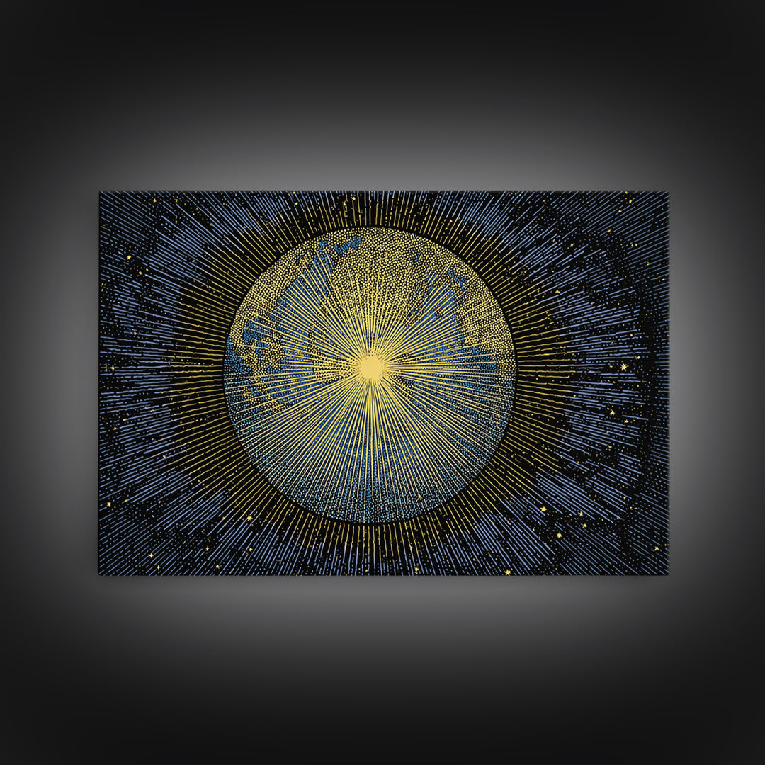 Golden Radiant Sun Planet Canvas Print, Cosmic Space Abstract Art, Midcentury Modern Wall Home Decor, Celestial Poster Gift