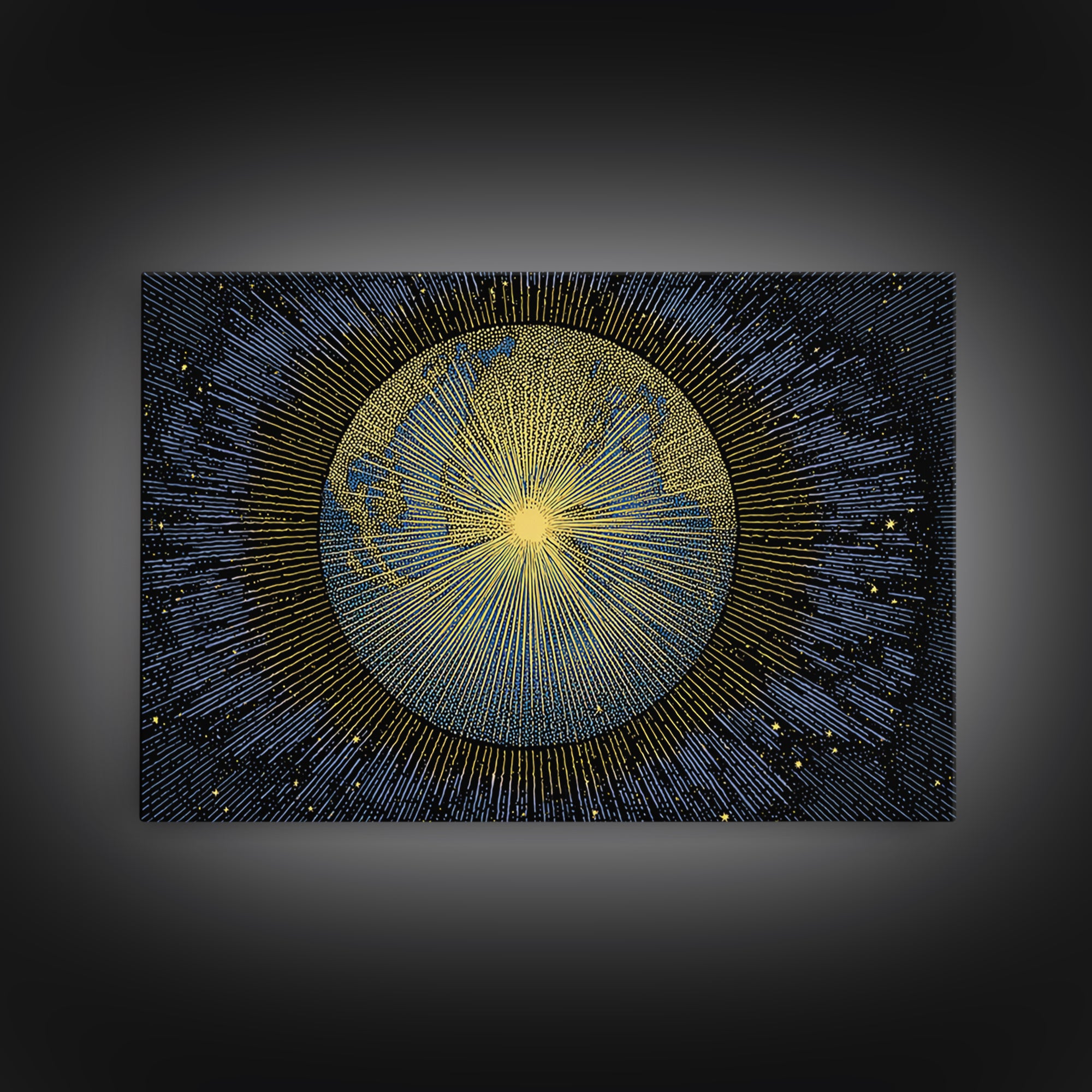 Golden Radiant Sun Planet Canvas Print, Cosmic Space Abstract Art, Midcentury Modern Wall Home Decor, Celestial Poster Gift