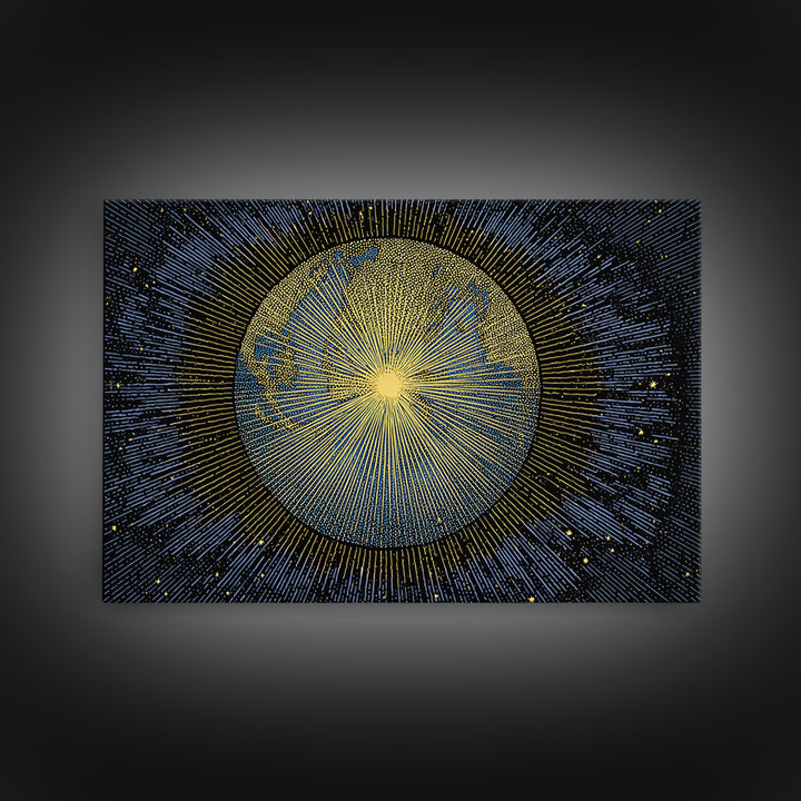 Golden Radiant Sun Planet Canvas Print, Cosmic Space Abstract Art, Midcentury Modern Wall Home Decor, Celestial Poster Gift