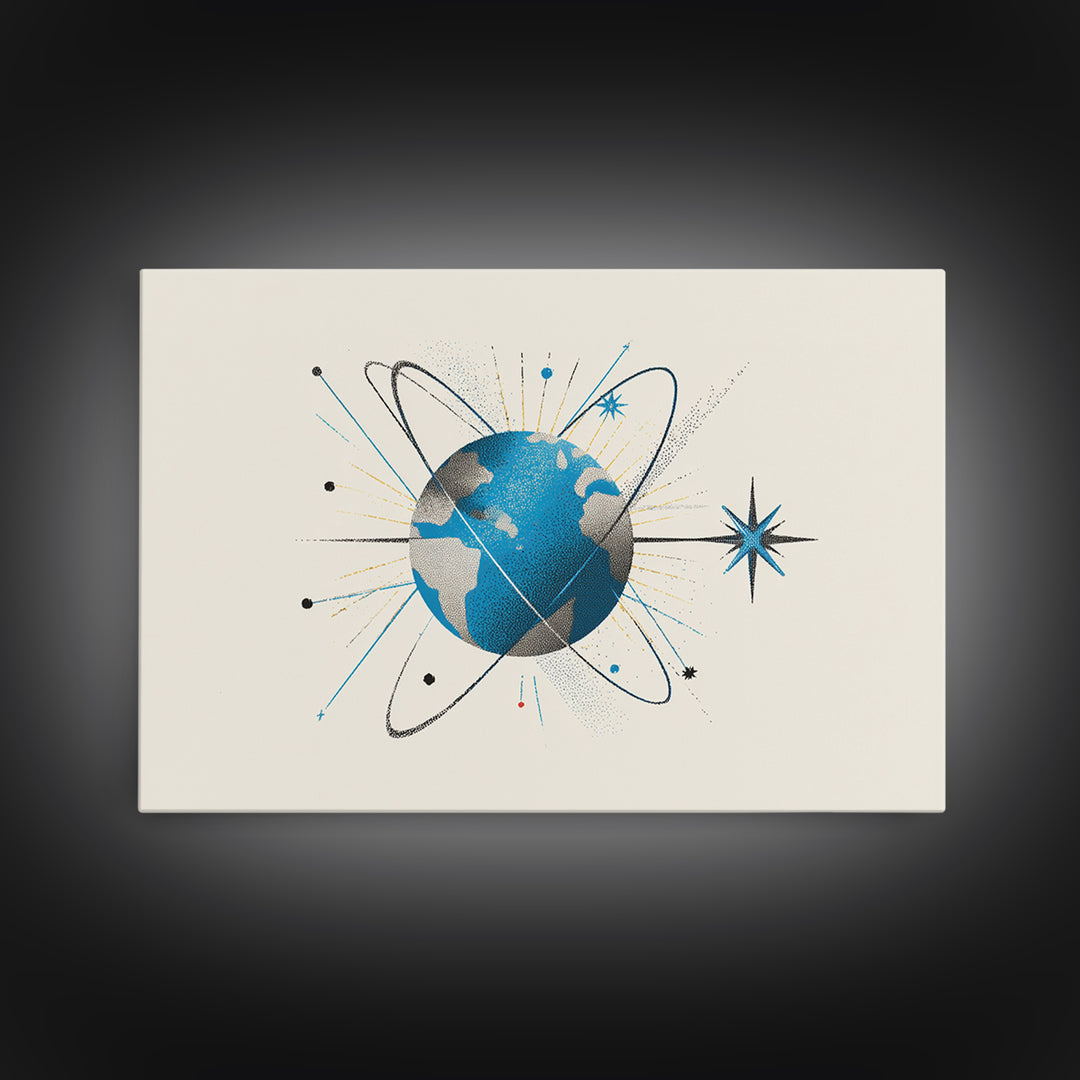 Atomic Blue Globe And Orbit Stars Wall Art, Midcentury Modern Space Poster, Retro Science Print, Cosmic Office Decor For MCM Home