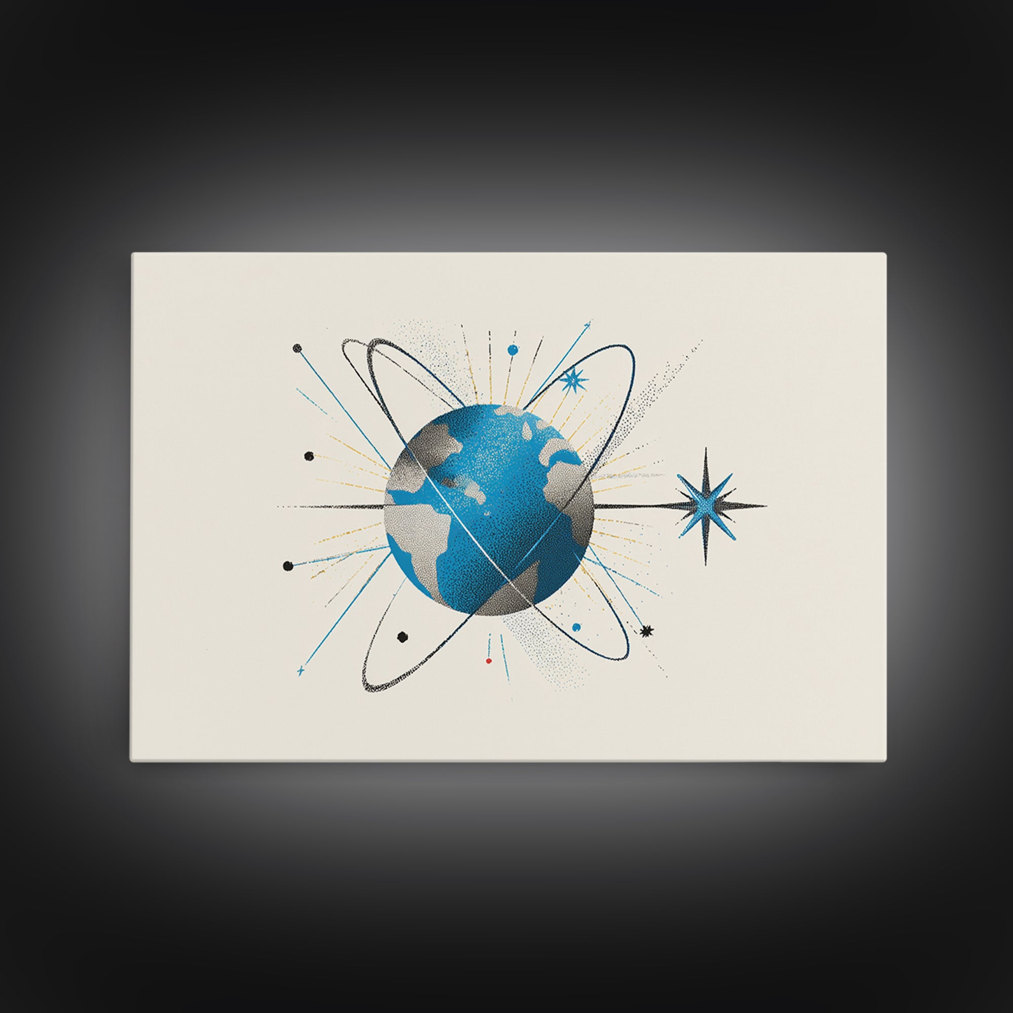 Atomic Blue Globe And Orbit Stars Wall Art, Midcentury Modern Space Poster, Retro Science Print, Cosmic Office Decor For MCM Home