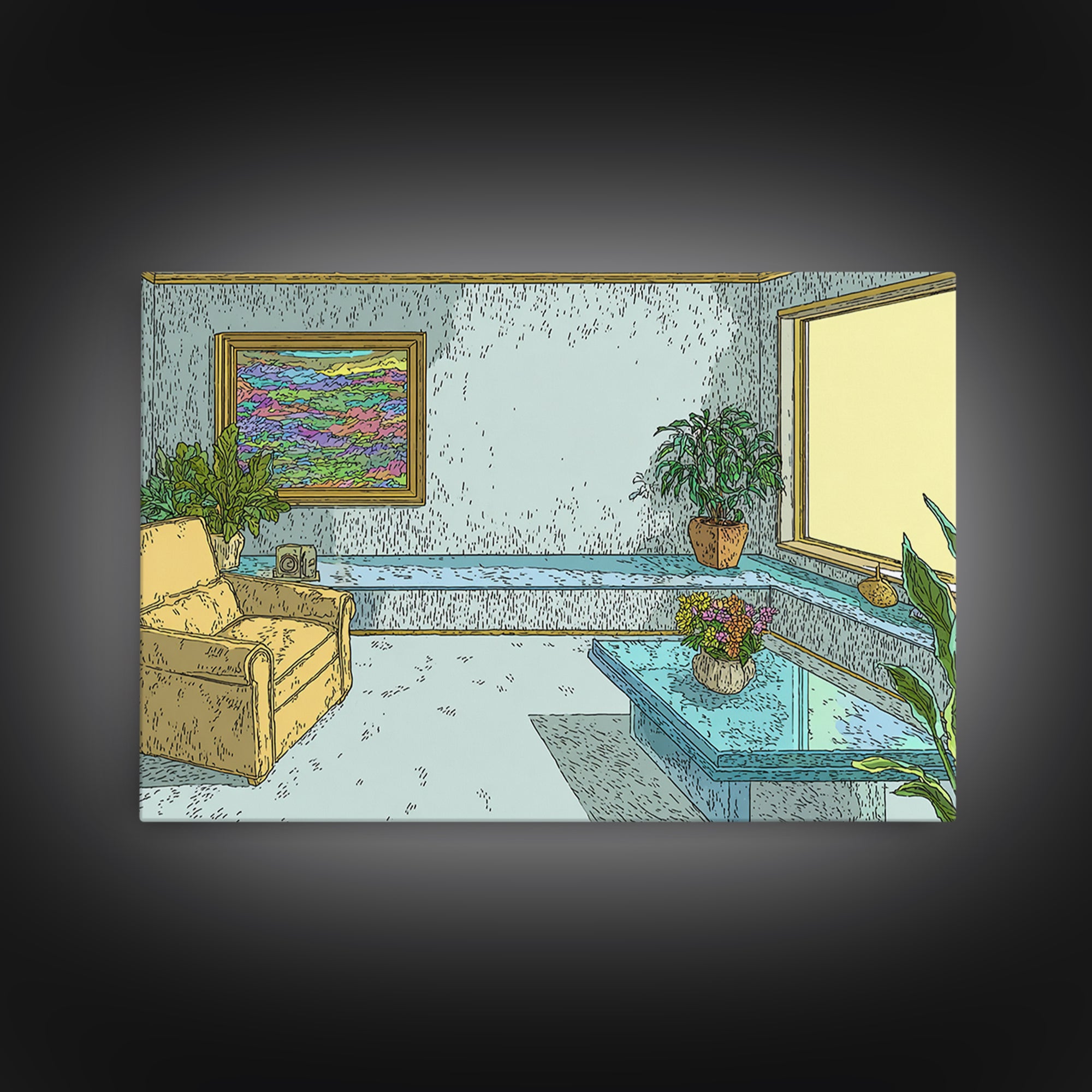 Pastel Aqua Living Room With Yellow Chair Canvas Print, Midcentury Modern Wall Decor, Retro Interior Poster For Home Office