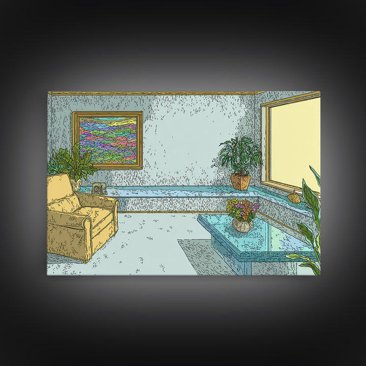 Pastel Aqua Living Room With Yellow Chair Canvas Print, Midcentury Modern Wall Decor, Retro Interior Poster For Home Office