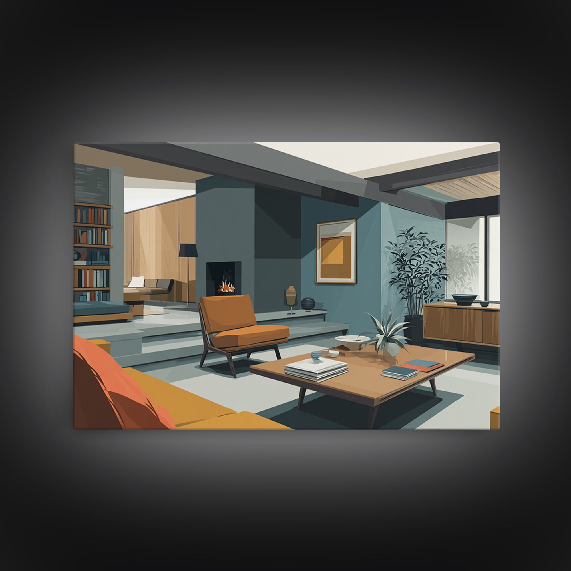 Teal Fireplace Living Room With Orange Sofa Framed Canvas Print, Midcentury Modern Wall Art, Retro MCM Home Decor, Office Poster