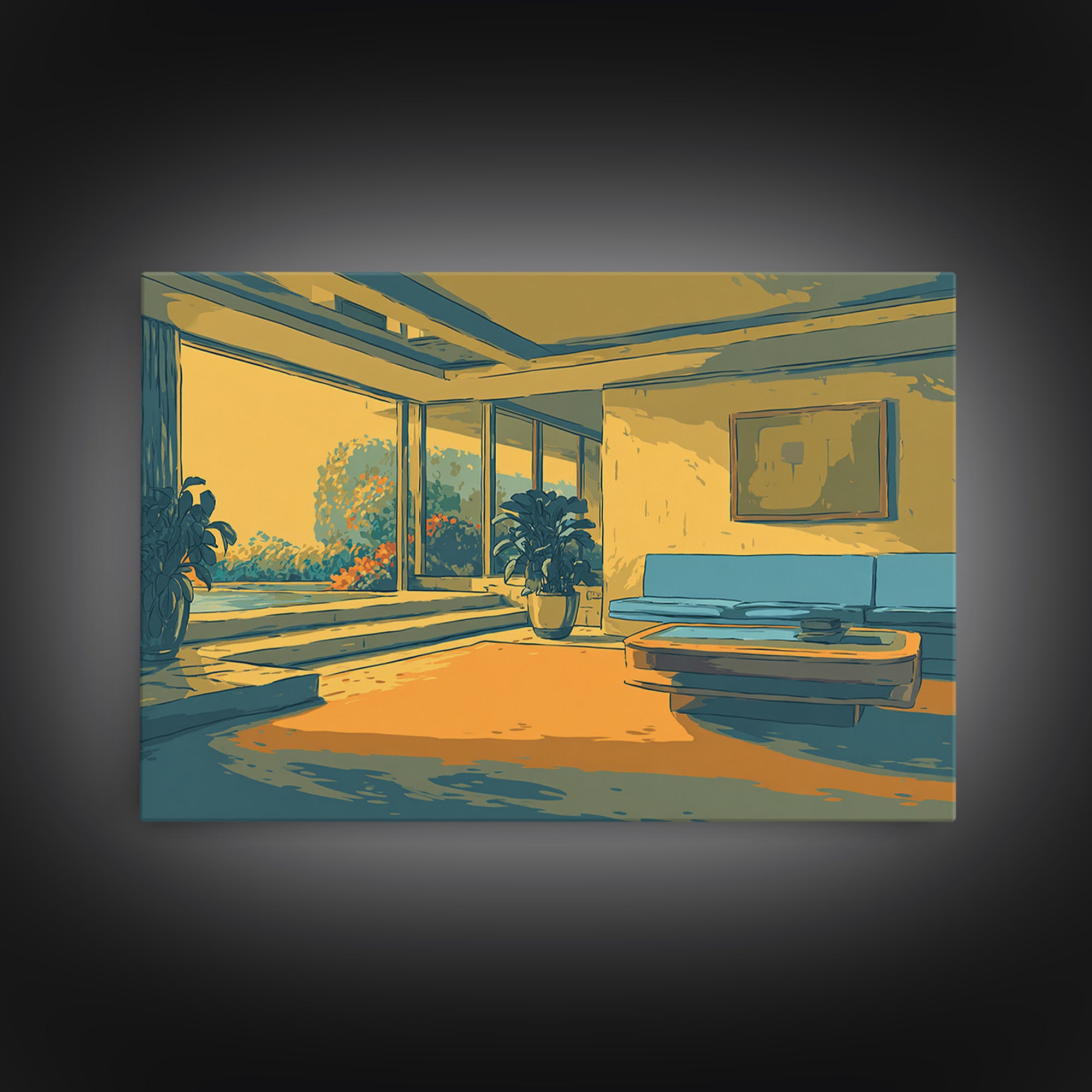 Sunlit Yellow And Teal Lounge With Plants Canvas Print, Midcentury Modern Wall Art, Retro Interior Decor For Living Room
