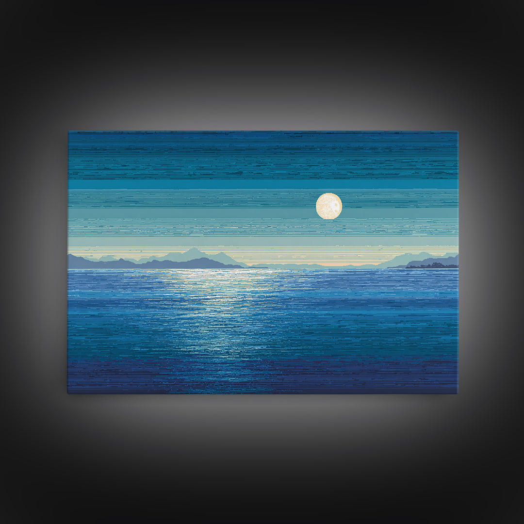 Blue Moon Over Ocean And Distant Mountains Wall Art, Coastal Landscape Print, Modern Home Decor, Serene Bedroom Poster Gift