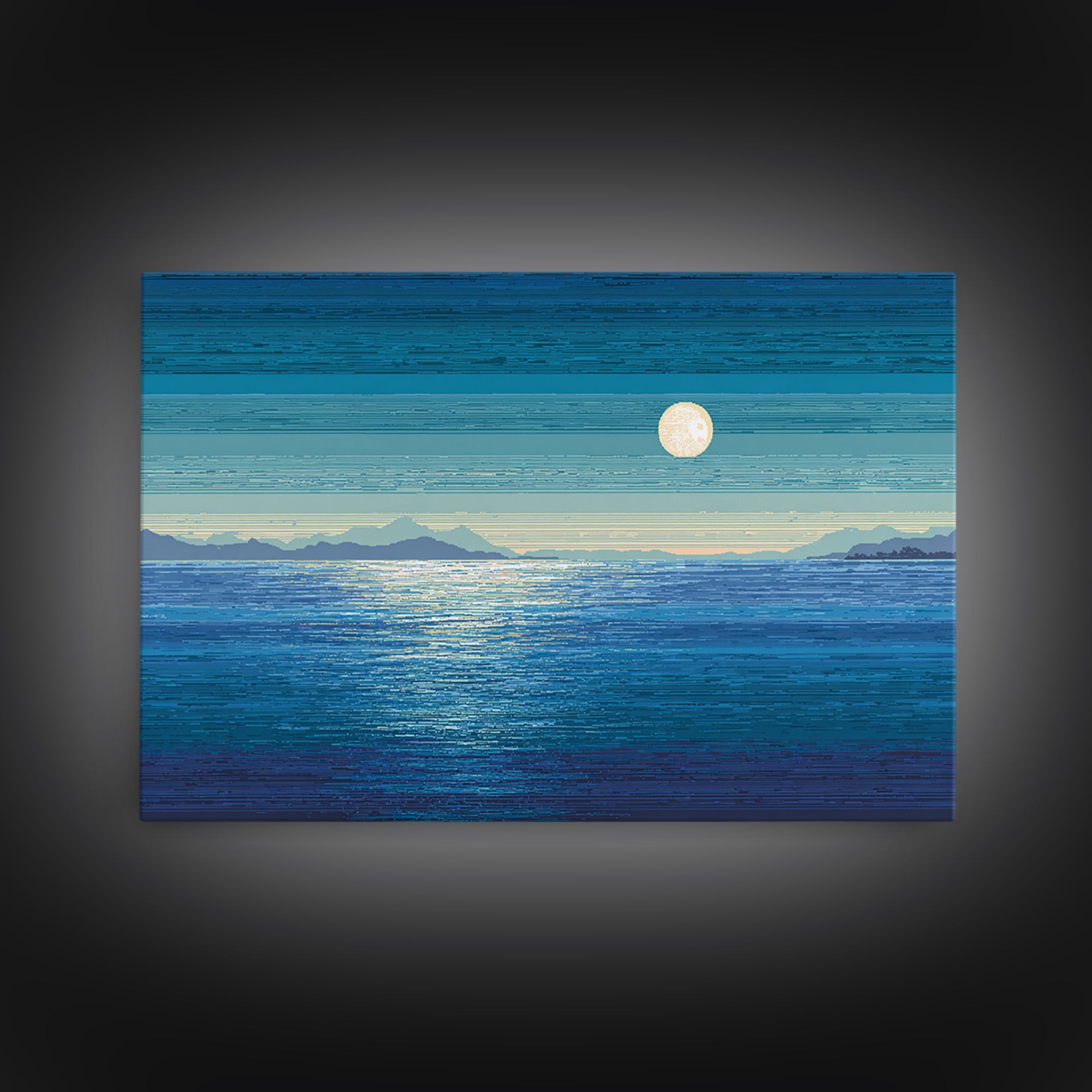 Blue Moon Over Ocean And Distant Mountains Wall Art, Coastal Landscape Print, Modern Home Decor, Serene Bedroom Poster Gift