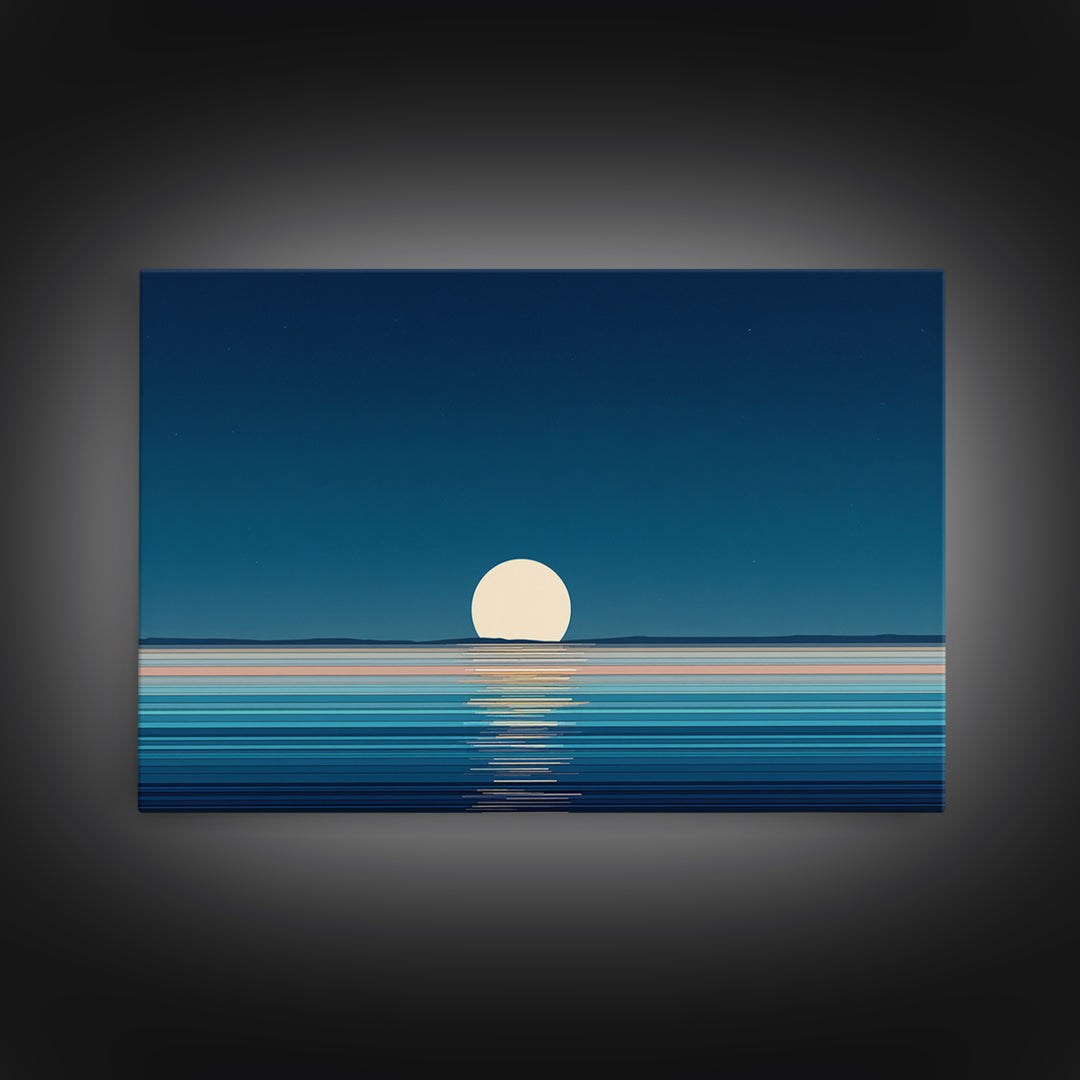 Minimal Full Moon Rising Over Calm Blue Sea Canvas Print, Modern Coastal Wall Art, Serene Ocean Poster For Bedroom Decor