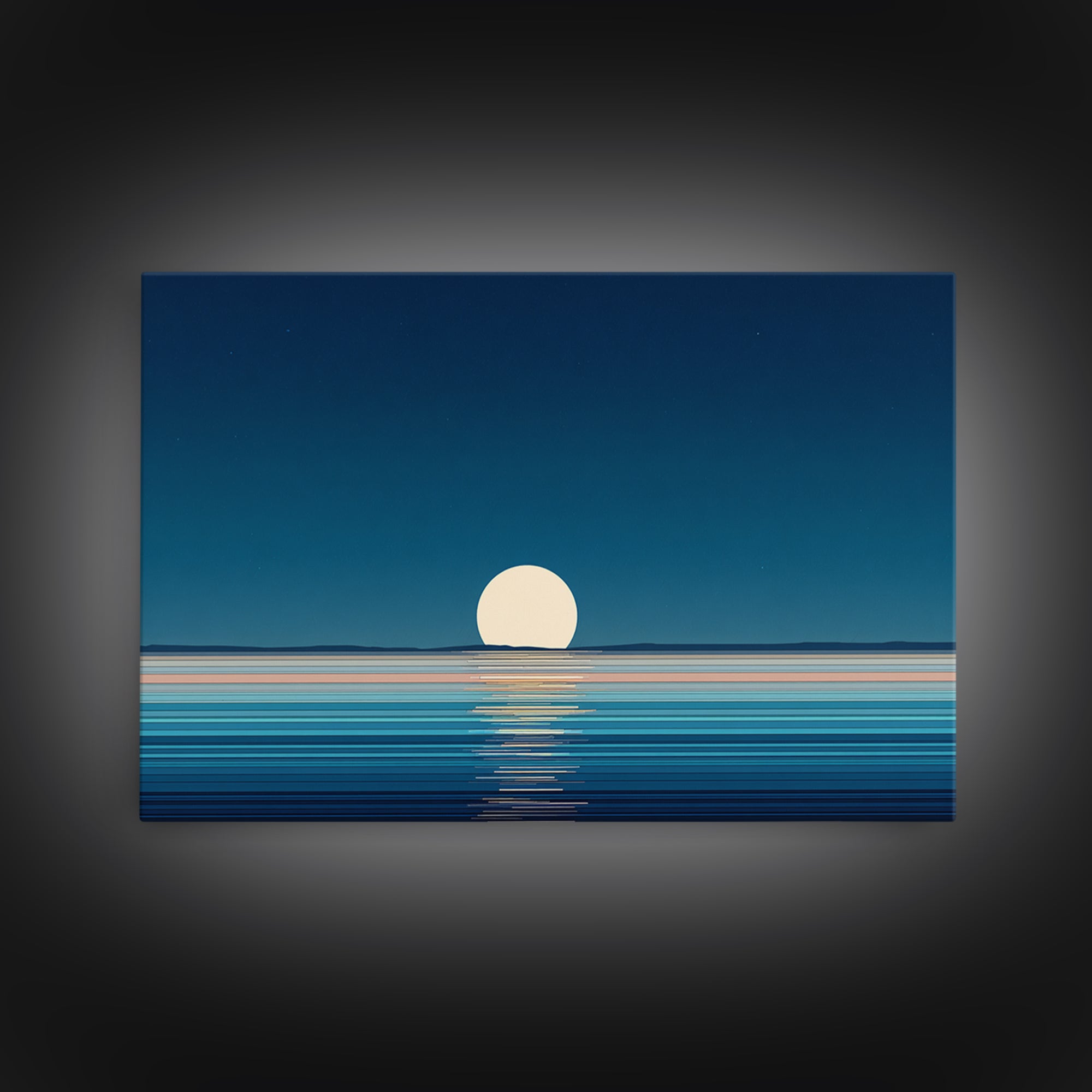 Minimal Full Moon Rising Over Calm Blue Sea Canvas Print, Modern Coastal Wall Art, Serene Ocean Poster For Bedroom Decor