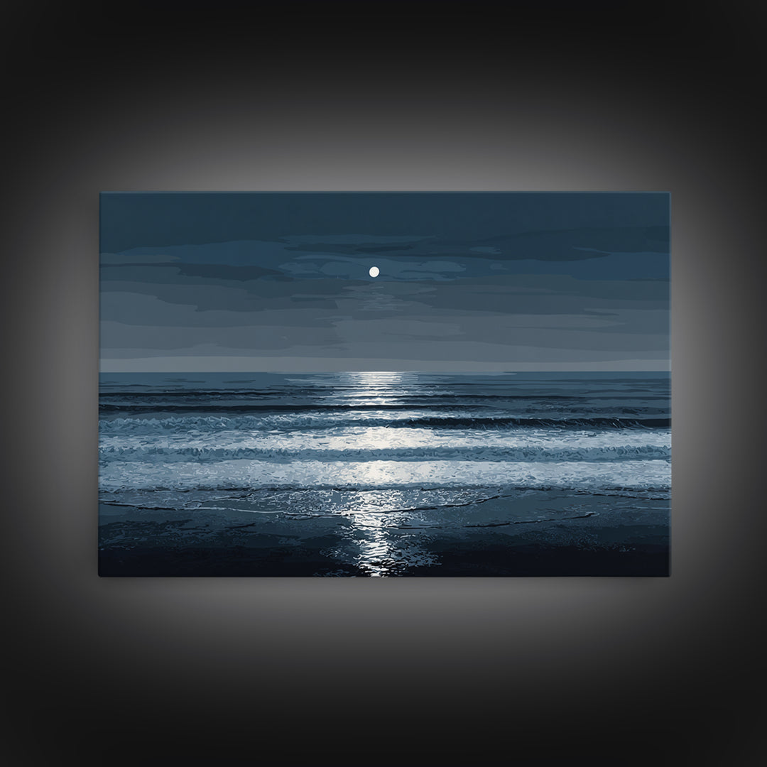 Moonlit Waves And Silver Reflection Framed Canvas Print, Blue Ocean Wall Art, Modern Coastal Bedroom Decor, Seascape Poster